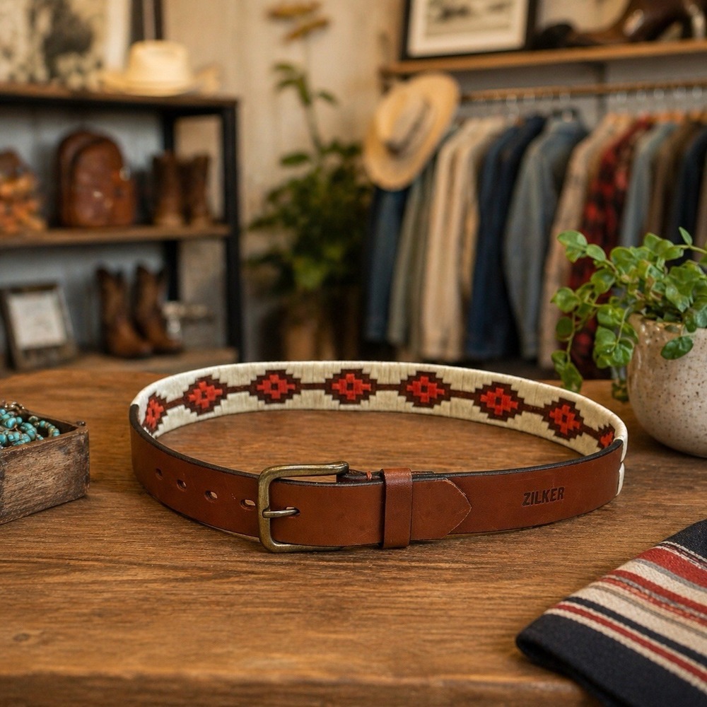 Zilker‎ Native Argentine Leather Handmade Belt Southwestern Aztec Cowgirl Rodeo